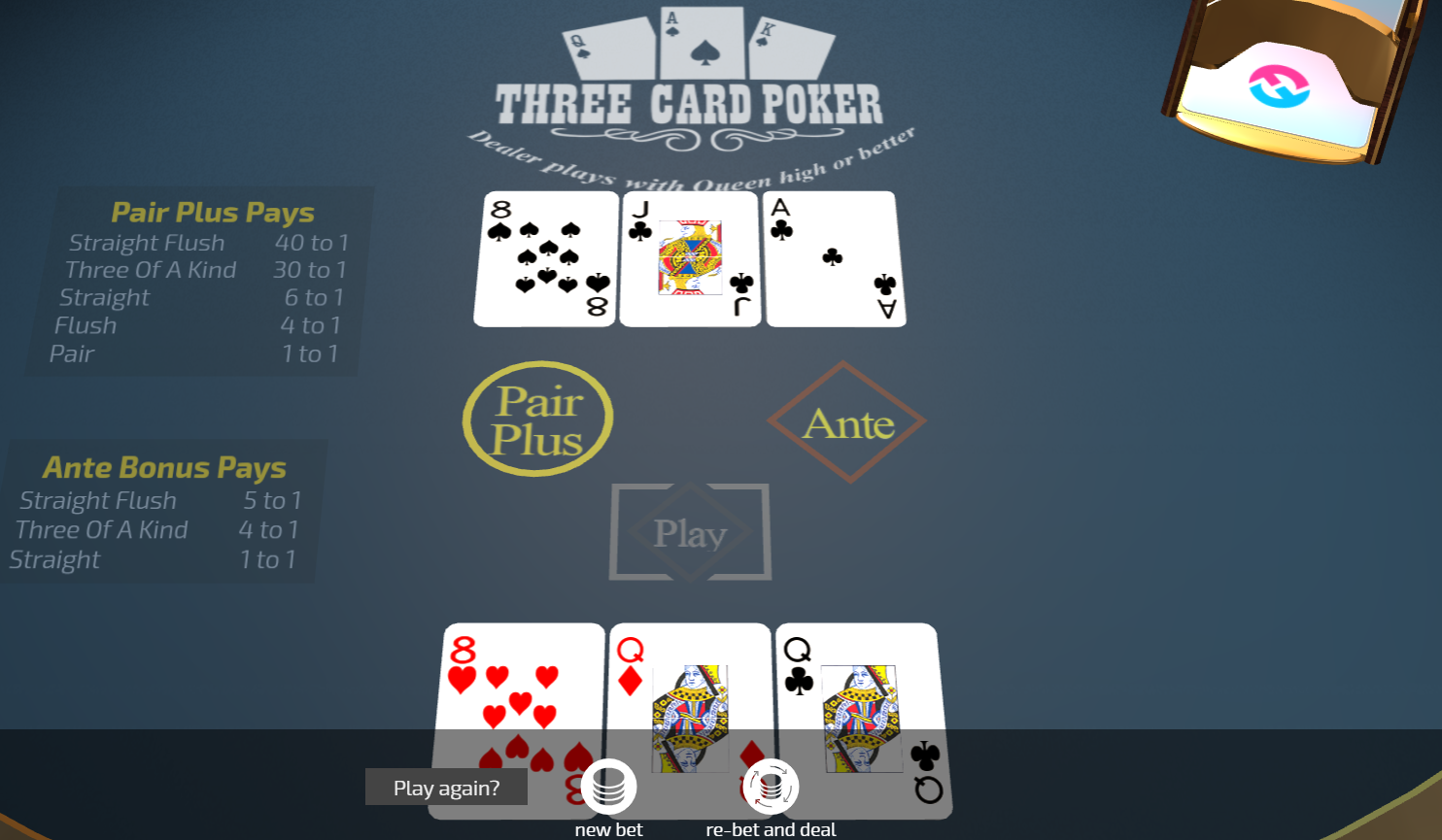 3 card poker casino odds